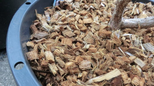 鶏糞を覆うようにマルチング資材を戻す